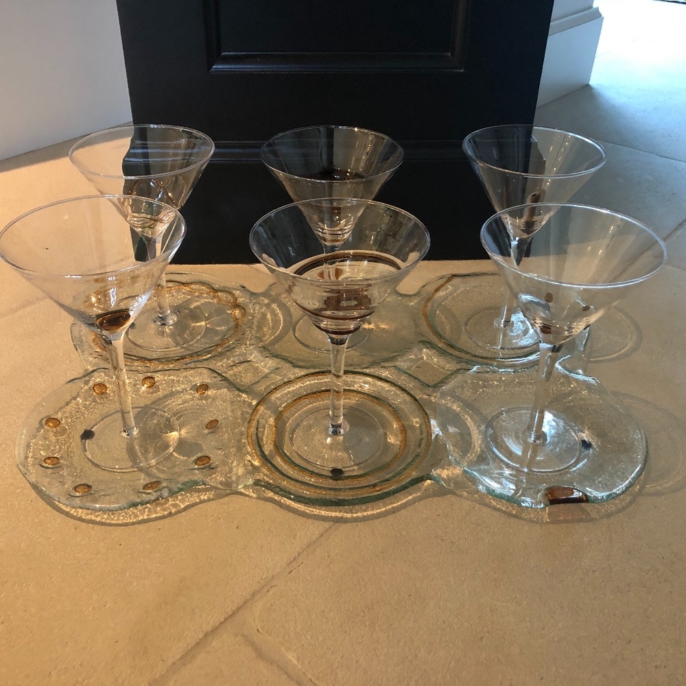 Handblown martini glasses and custom plate - VERY UNUSUAL - NEW!!!!!